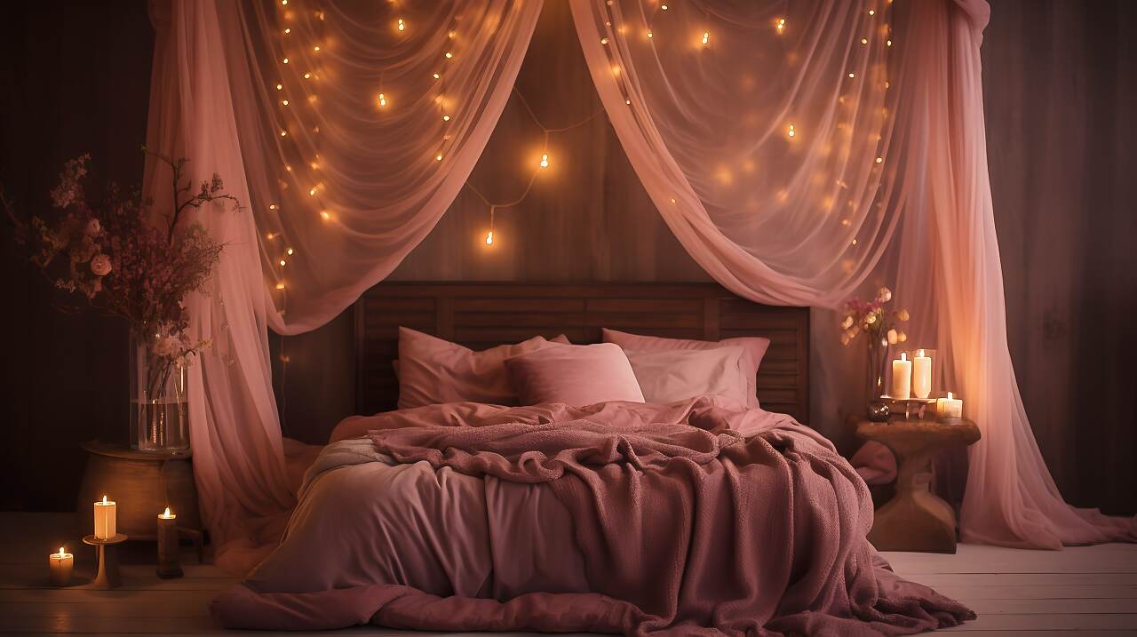 Dim Room Lit By Leds, With Beeswax Candles On A Mantle And Fairy Lights On A Headboard.