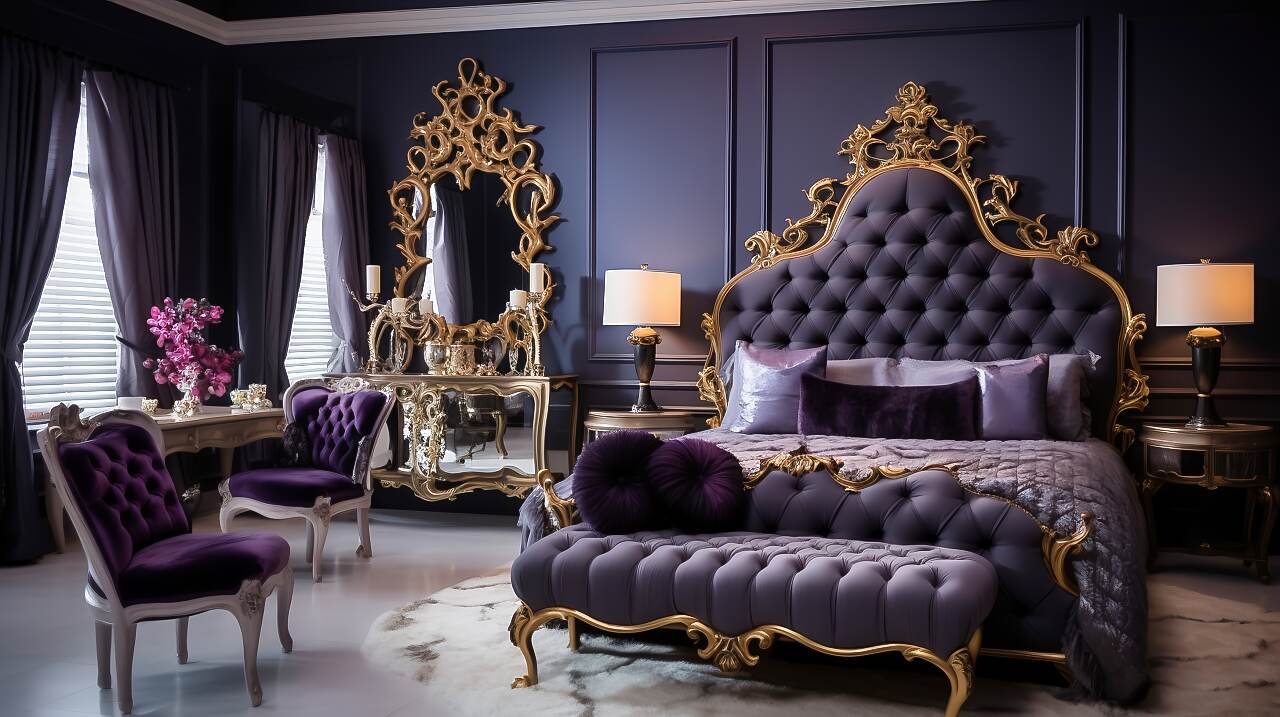Room With Tufted Ebony Leather Headboard And Ornate Gold-Framed Mirrors.