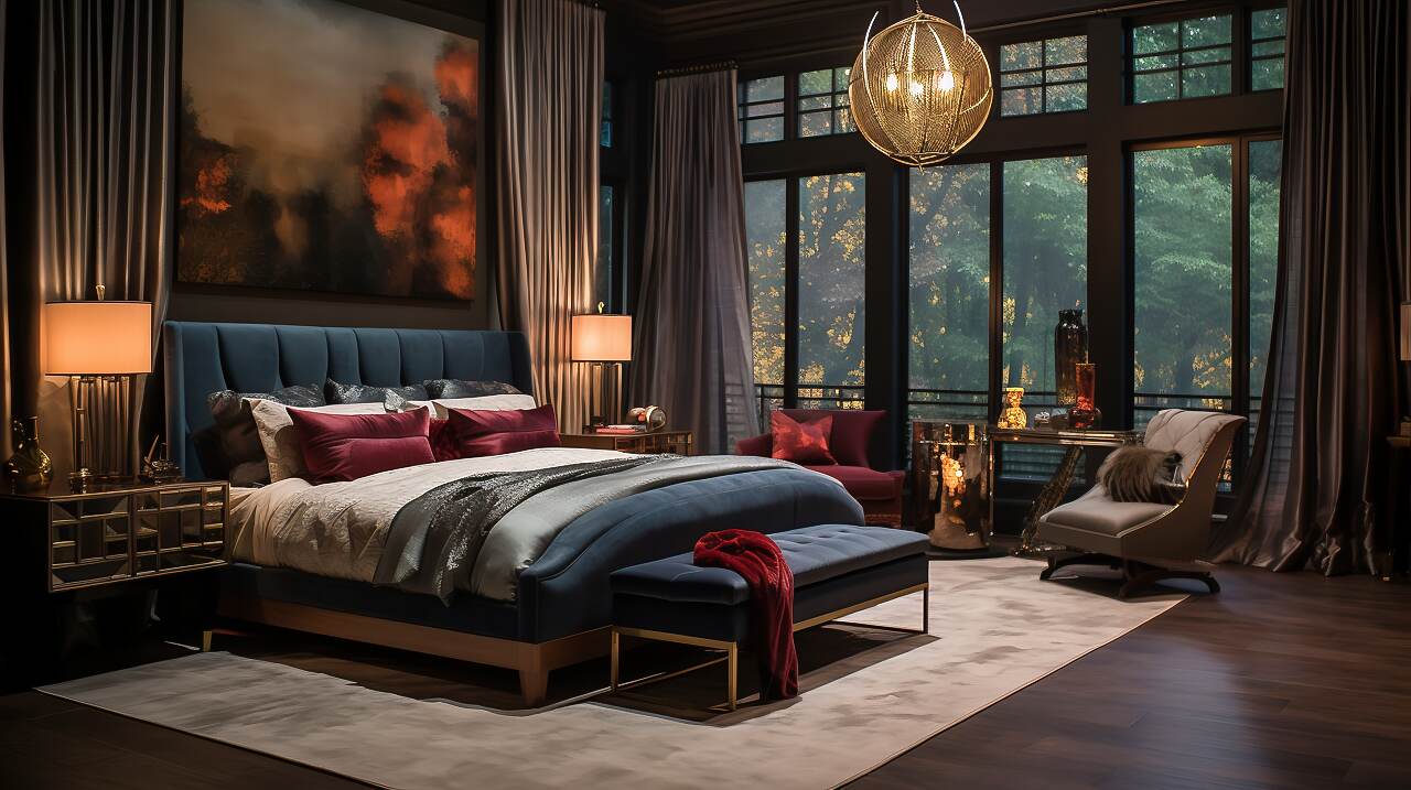 Panoramic View Of A Moody Romantic Bedroom With Rich Colors And Diverse Textures.