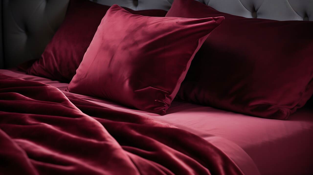 Close-Up Of A Bed With A Burgundy Velvet Quilt And Silk Pillowcases.