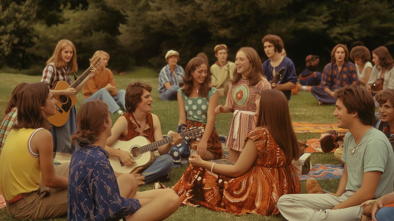 Eine Gruppe junger Leute versammelte sich in den 1960er Jahren in einem Park