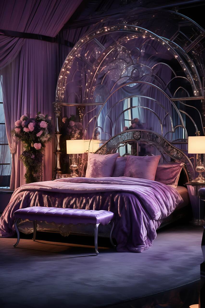 A Large Art Deco Bedroom With An Amethyst And Silver Color Scheme, Featuring Luxurious Furniture, A Canopy Bed With A Plush Blanket, Stained Glass Art, And Crystal Wall Sconces, Creating An Enchanting And Romantic Atmosphere.