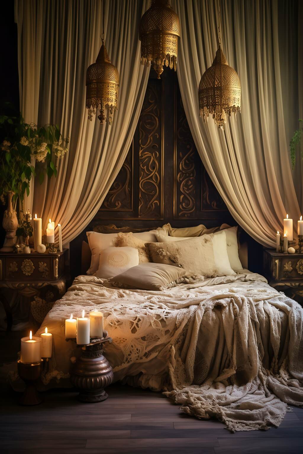 Spacious Dark Boho Bedroom With A Gold &Amp; Cream Color Scheme, Featuring Vintage Furniture, Lace Curtains, And Classic Art, Creating A Refined And Elegant Atmosphere.