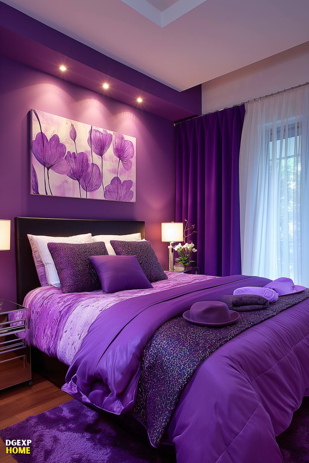 Lila Art-Déco-Schlafzimmer mit einem großen Blumengemälde über einem dunklen Bett, lila Bettwäsche und dunkelvioletten Vorhängen.