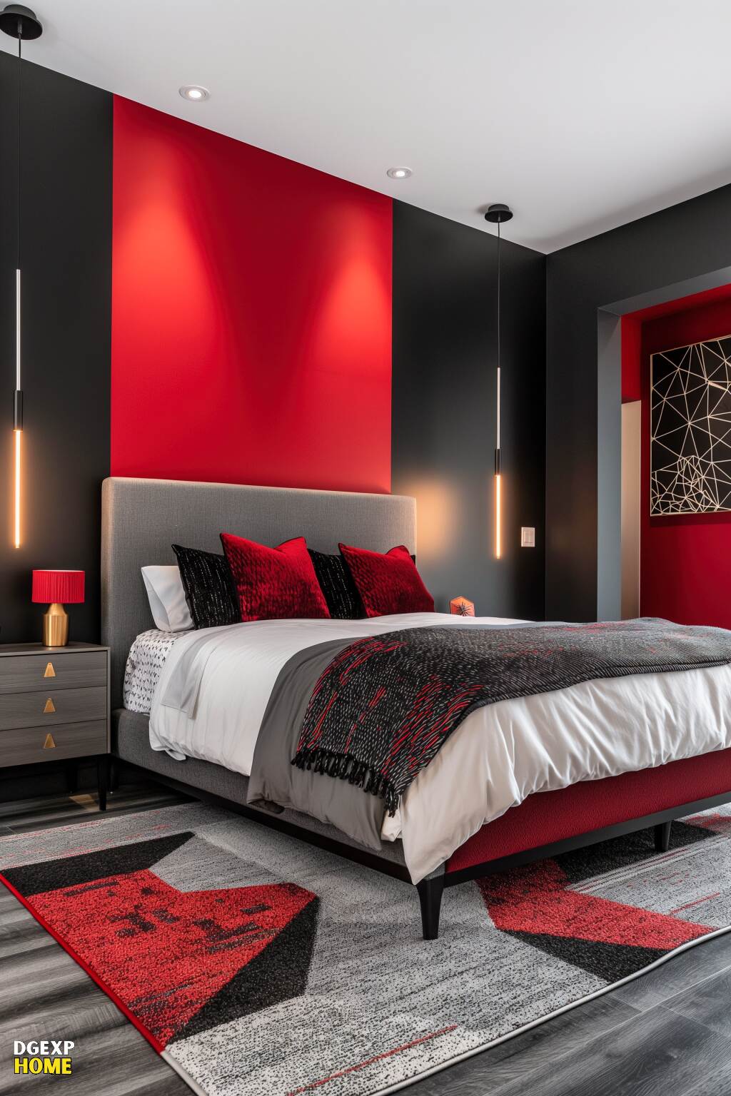 Modernes rot-schwarzes Schlafzimmer mit fetter roter Akzentwand und minimalistischer Beleuchtung.