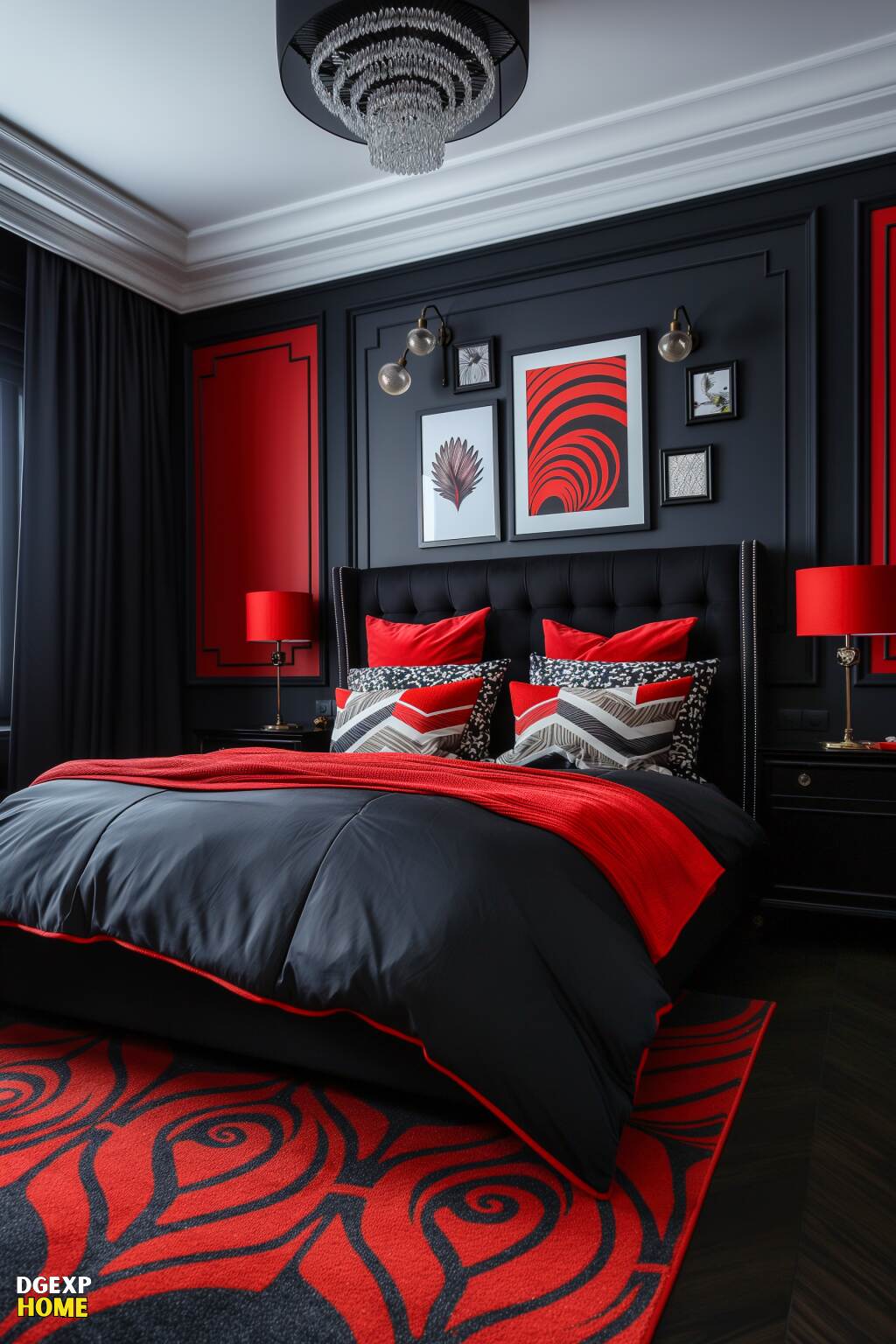 Modernes Art Deco-Schlafzimmer in Rot und Schwarz mit geometrischer Wandkunst und Kronleuchter.