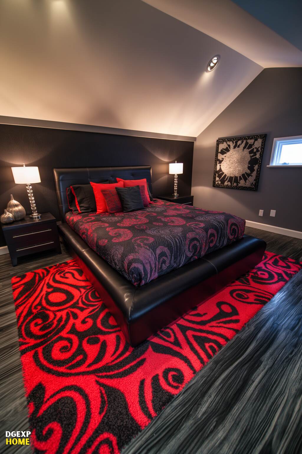 Schlafzimmer mit leuchtend roten und schwarzen Mustern auf Bettzeug und Teppich