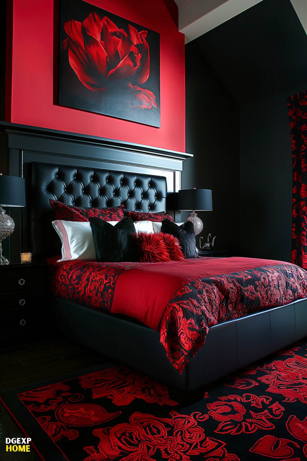 Elegantes modernes Schlafzimmer in Rot und Schwarz mit floralen Akzenten und luxuriösen Textilien
