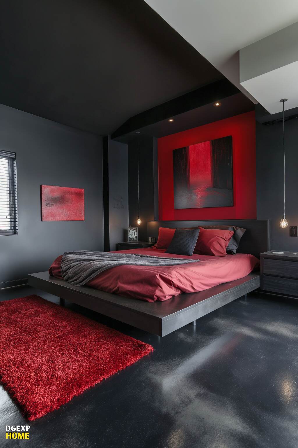 Modernes Schlafzimmer mit Schwebebett, roter Bettwäsche und schwarzen Wänden