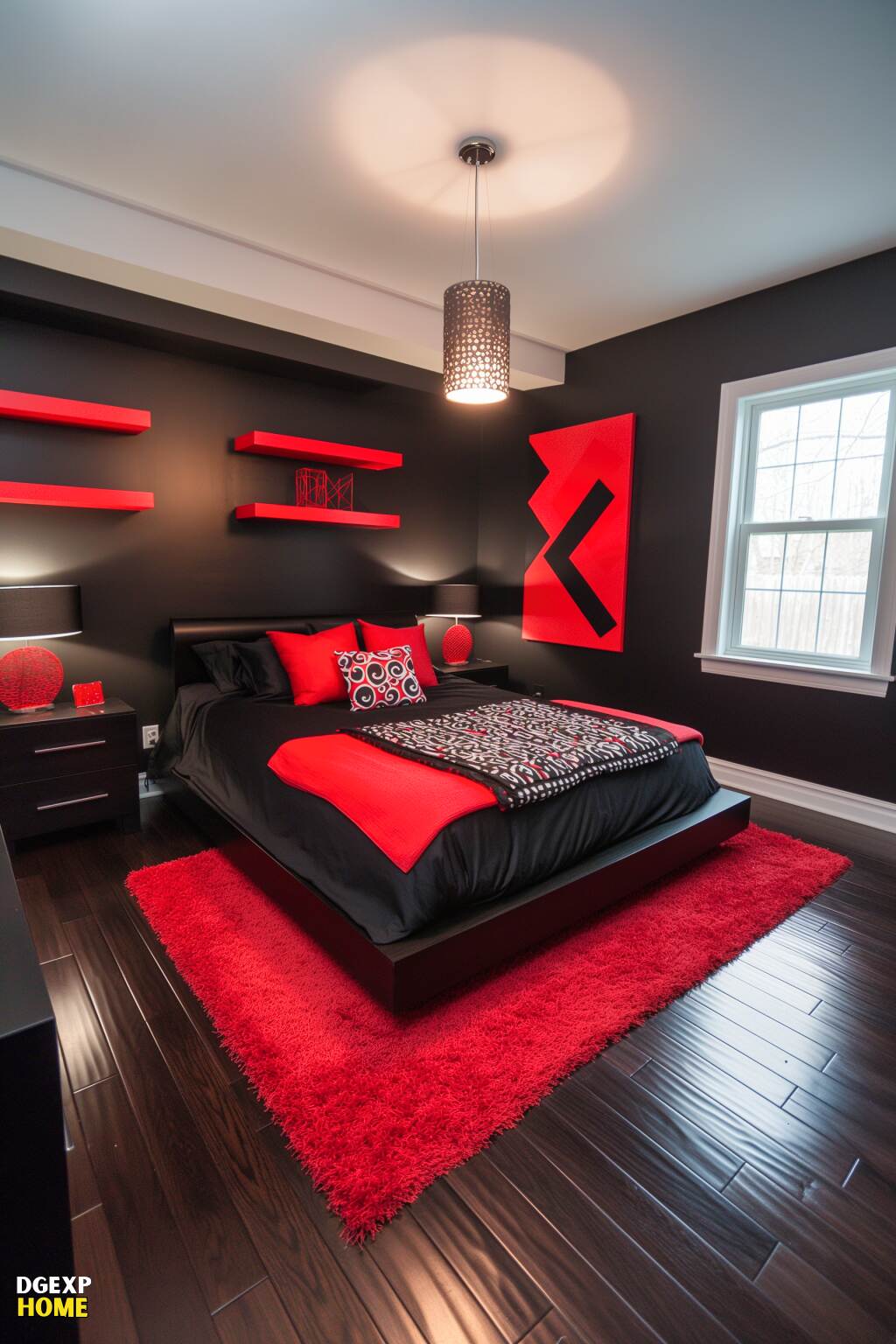 Rotes und schwarzes Schlafzimmer mit fetten roten Schweberegalen und modernem Design