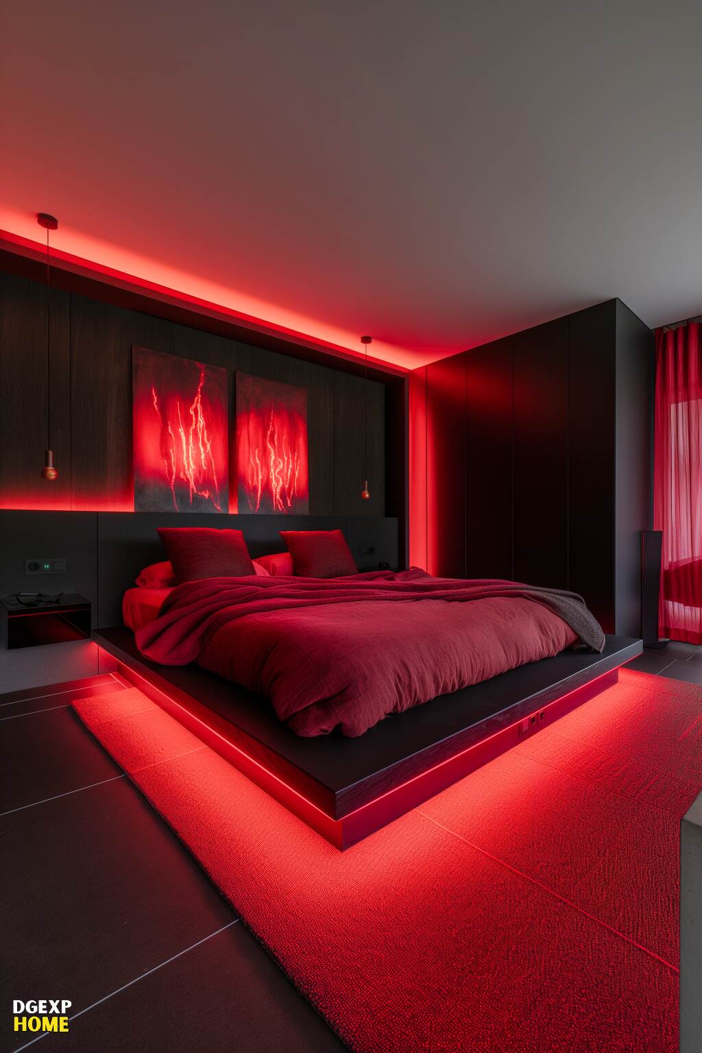 Futuristisches Schlafzimmer in Rot und Schwarz mit Led-Beleuchtung und eleganten Möbeln