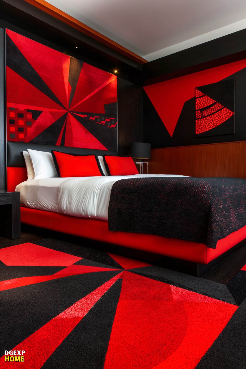 Modernes Schlafzimmer mit kühnen geometrischen Mustern, roten Akzenten und schwarzen Wänden