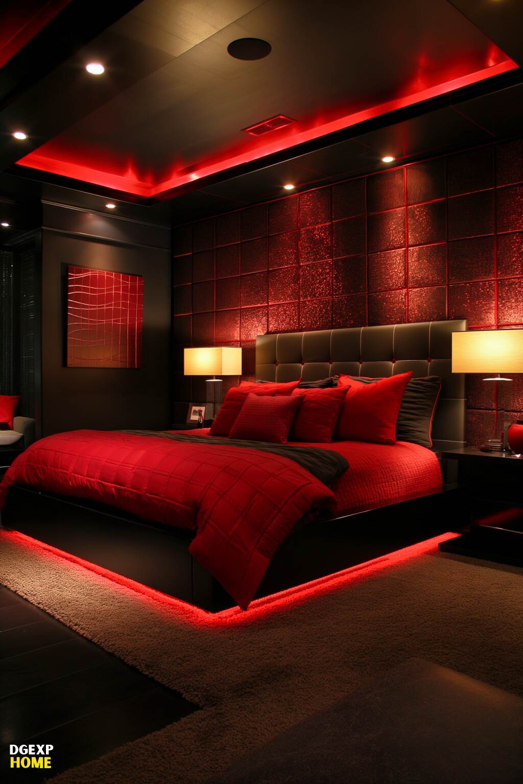 Modernes Schlafzimmer in Rot und Schwarz mit Led-Beleuchtung und leuchtend roter Bettwäsche