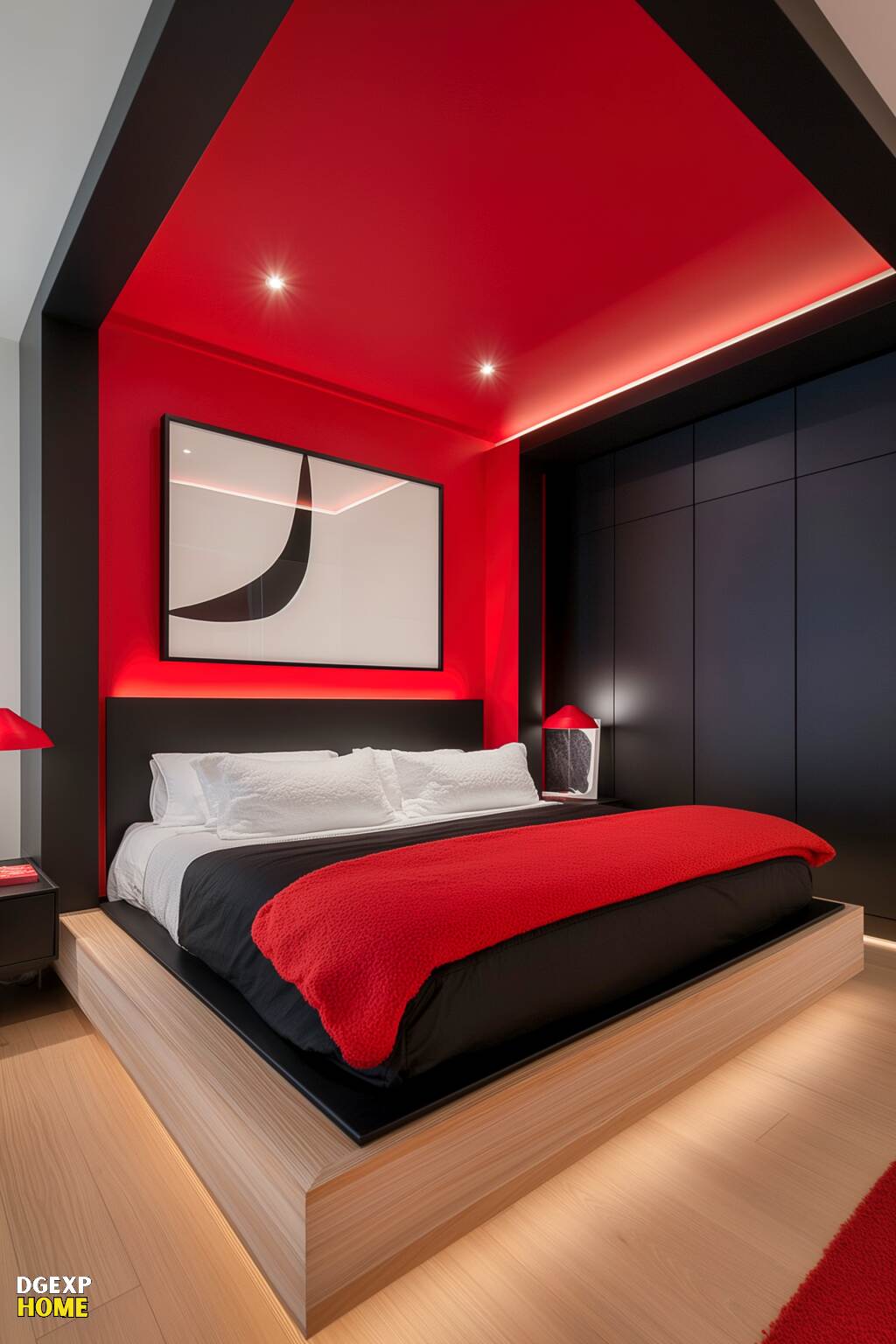Minimalistisches modernes Schlafzimmer in Rot und Schwarz mit hellem Holzboden und kräftigen roten Akzenten