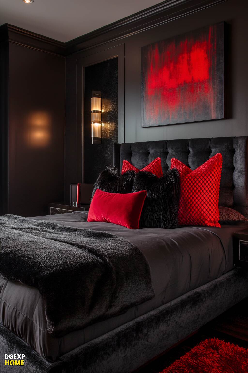 Modernes rot-schwarzes Schlafzimmer mit metallischen Akzenten und eleganter Beleuchtung