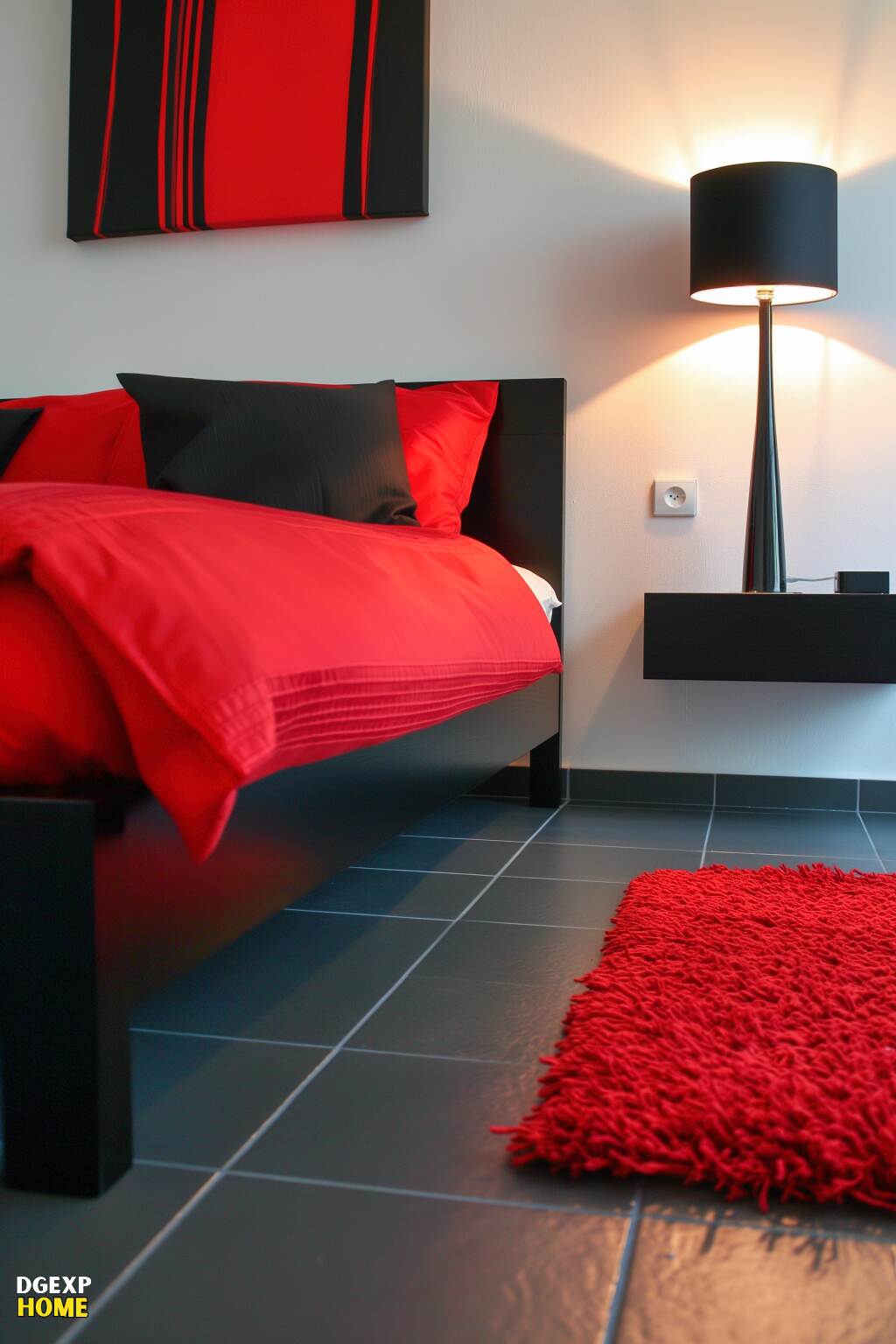 Minimalistisches, modernes Schlafzimmer in Rot und Schwarz mit leuchtend roten Akzenten und schlichtem schwarzen Bettgestell