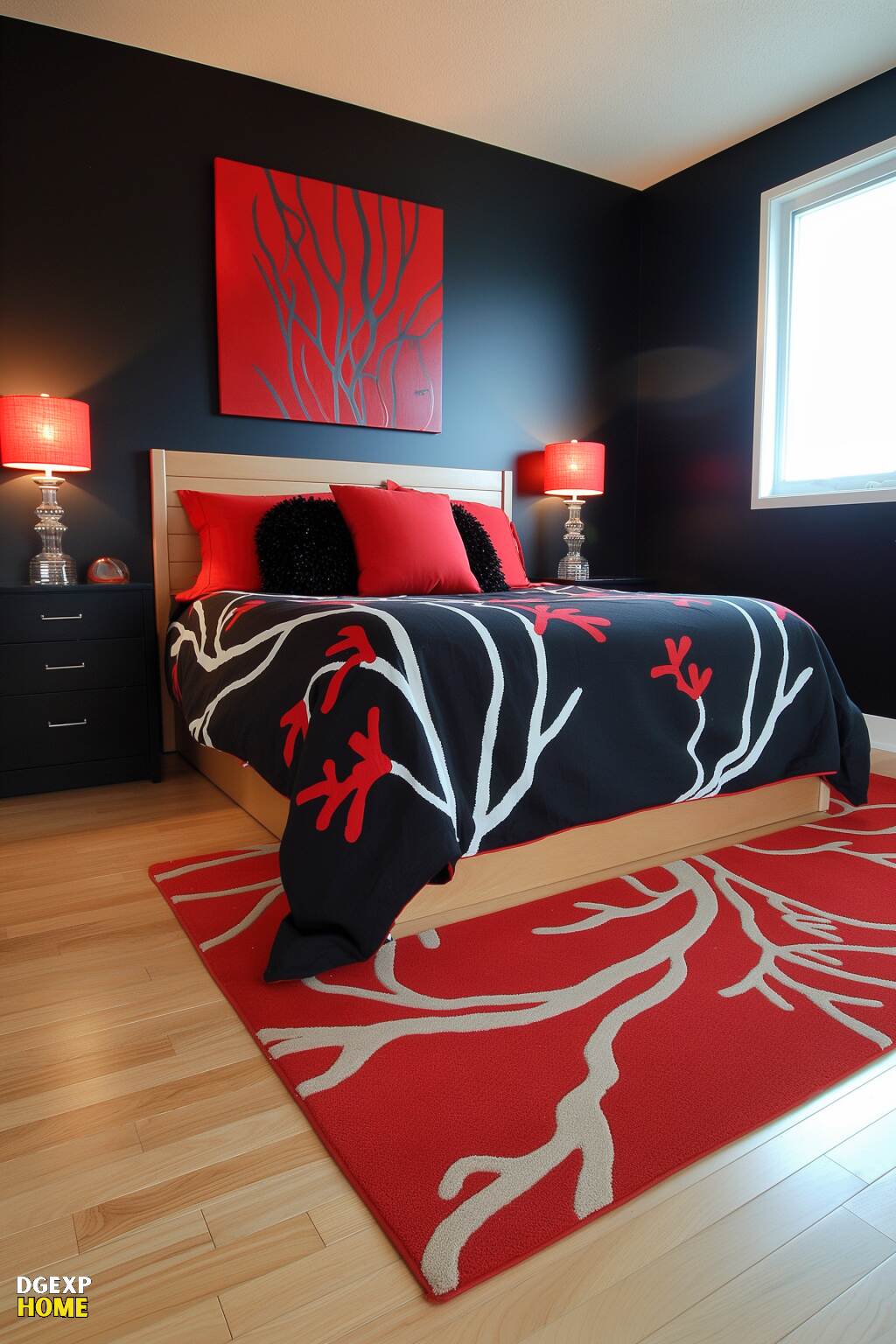 Natürliche Elemente und schlichte schwarze Wände in einem modernen Schlafzimmer in Rot und Schwarz mit Holzakzenten