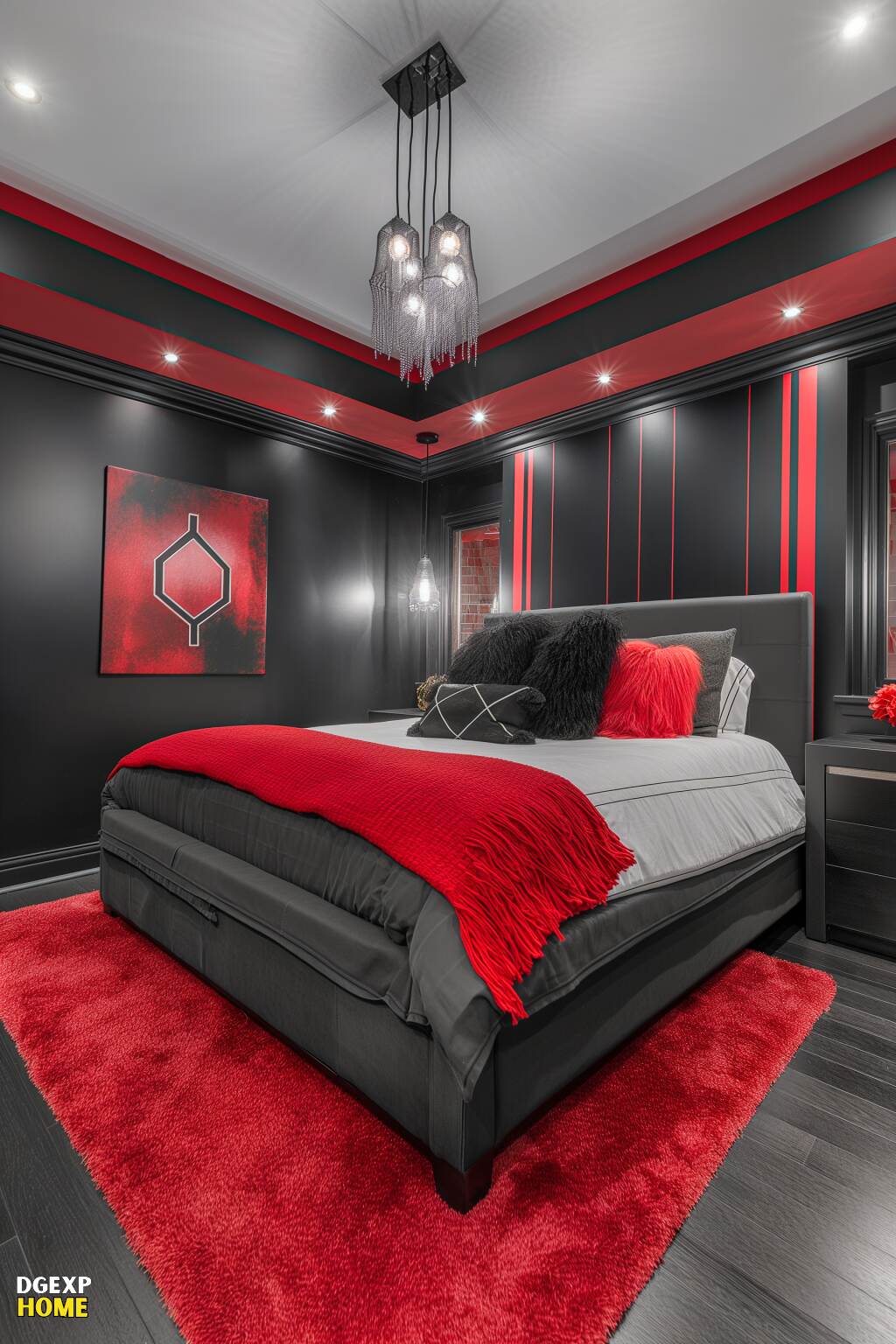 Modernes rot-schwarzes Schlafzimmer mit kräftigen Streifen und einzigartiger Beleuchtung