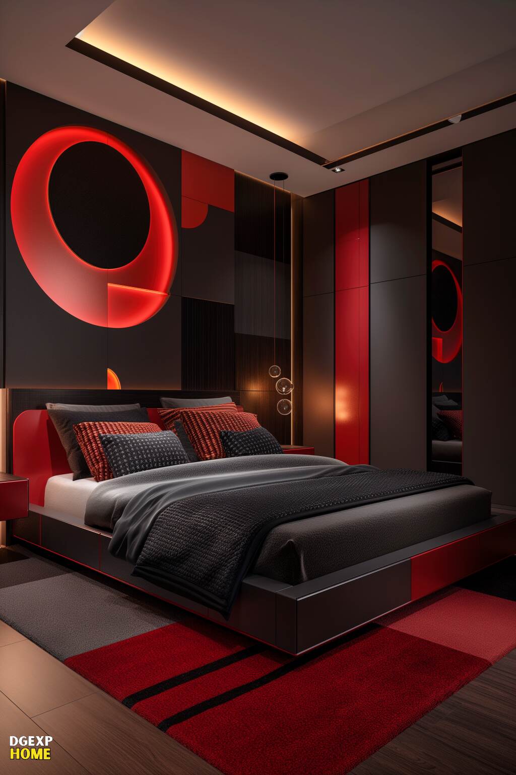 Modernes Schlafzimmer in Rot und Schwarz mit minimalistischem Dekor und kräftigen roten Akzenten