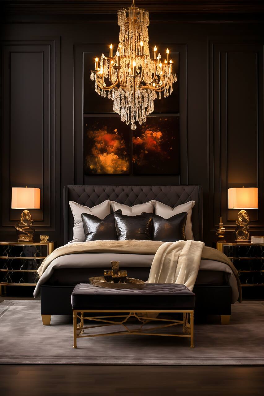 Luxurious Modern Bedroom In Deep Black And Antique Gold, Featuring A King-Size Mahogany Bed, Antique Gold Mirror, And Vintage Chandelier.