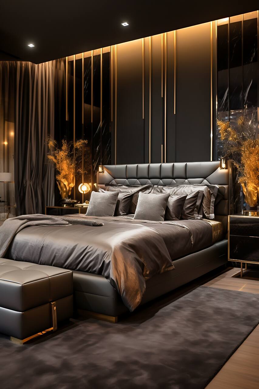 Luxurious Modern Bedroom In Deep Black And Rich Bronze, Featuring A King-Size Leather Bed, Bronze Side Table, And Track Lighting.
