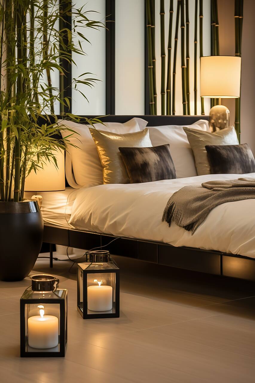 Luxurious Modern Bedroom In Stark Black And Soothing Champagne, Featuring A King-Size Iron Bed, Champagne Silk Pillows, And Bamboo Plants.