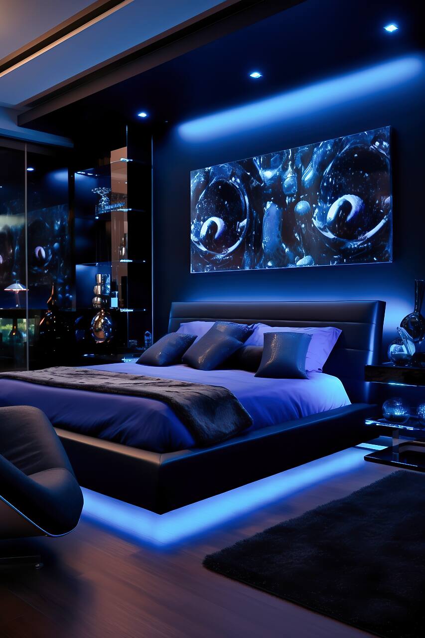 Luxurious Modern Bedroom In Deep Black And Cobalt Blue, Featuring A Queen-Size Platform Bed, Cobalt Blue Armchair, And Spotlighting.