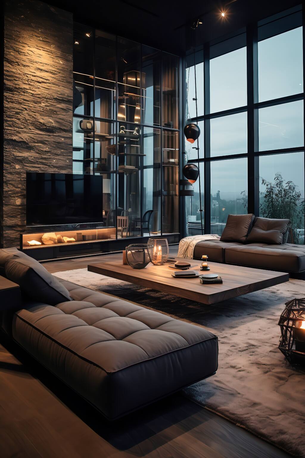 Luxury Living Room With Black Furniture, Copper Accessories, And Striking Marble Flooring, Combining Contemporary Design With Classic Elegance.