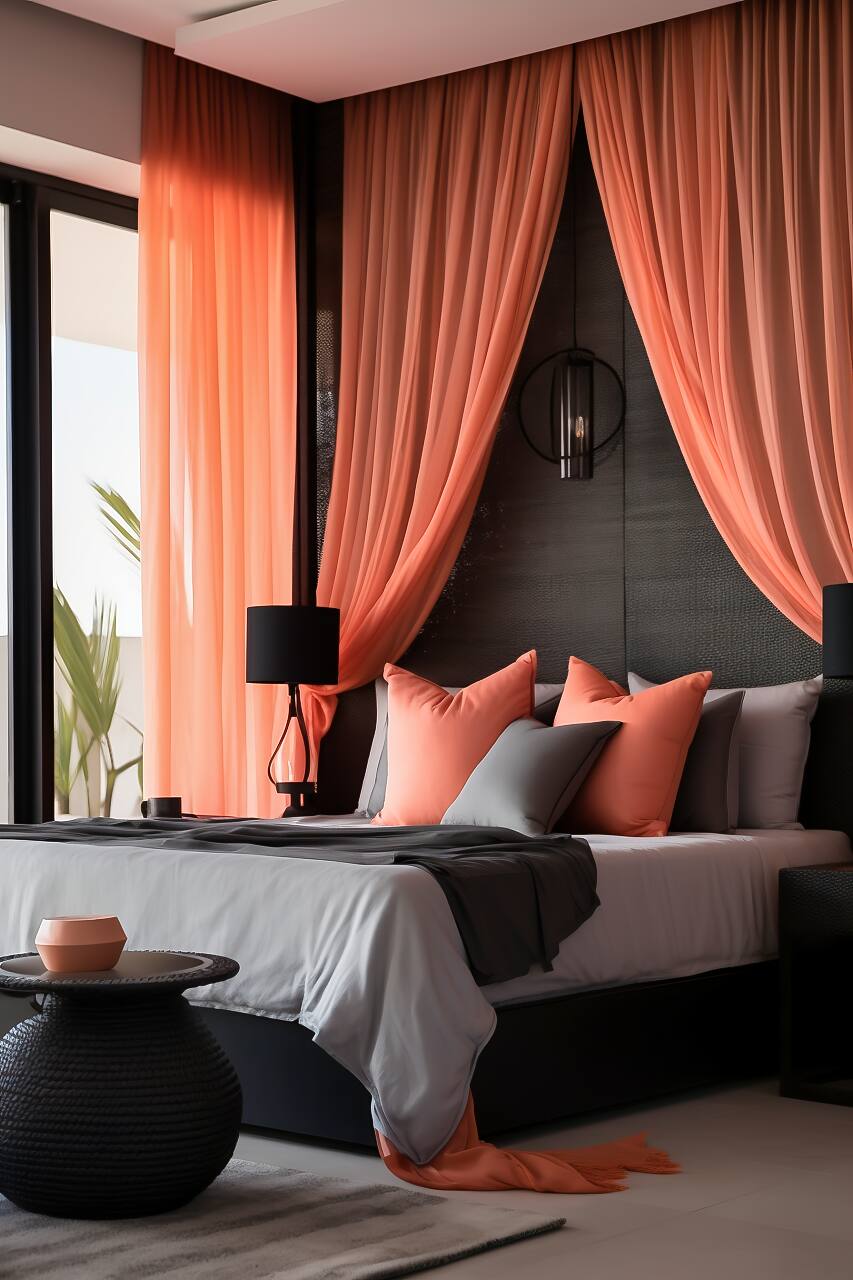 Luxurious Modern Bedroom In Deep Black And Vibrant Coral, Featuring A Queen-Size Wicker Bed, Coral Drapes, And Lantern Lighting.
