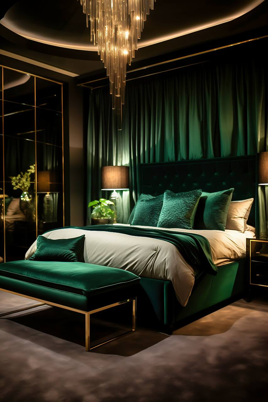 Luxurious Modern Bedroom In Deep Black And Vibrant Emerald, Featuring A King-Size Canopy Bed With Drapes, Emerald Velvet Bench, And Recessed Lighting.