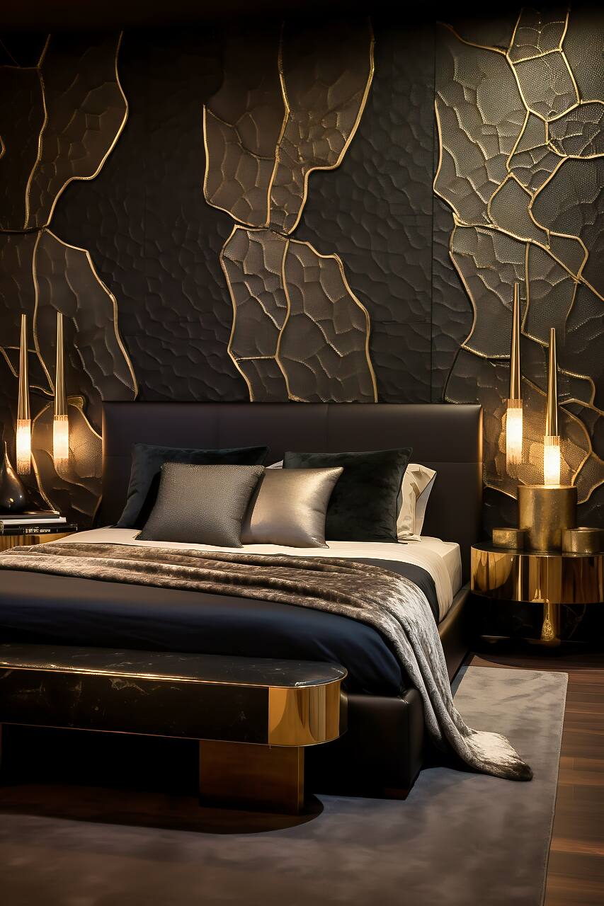 Luxurious Modern Bedroom In Obsidian Black And Shimmering Gold, Featuring A King-Size Bed With A Honeycomb Headboard, Gilded Nightstand, And Crystal Chandelier.