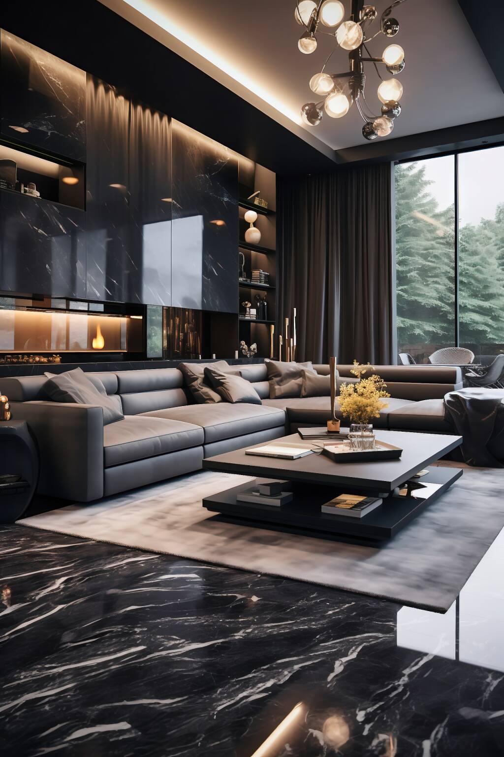 A Sophisticated Black And Grey Living Room Boasting High-End Furnishings, Statement Lighting, And Sleek Marble Flooring For A Touch Of Grandeur.