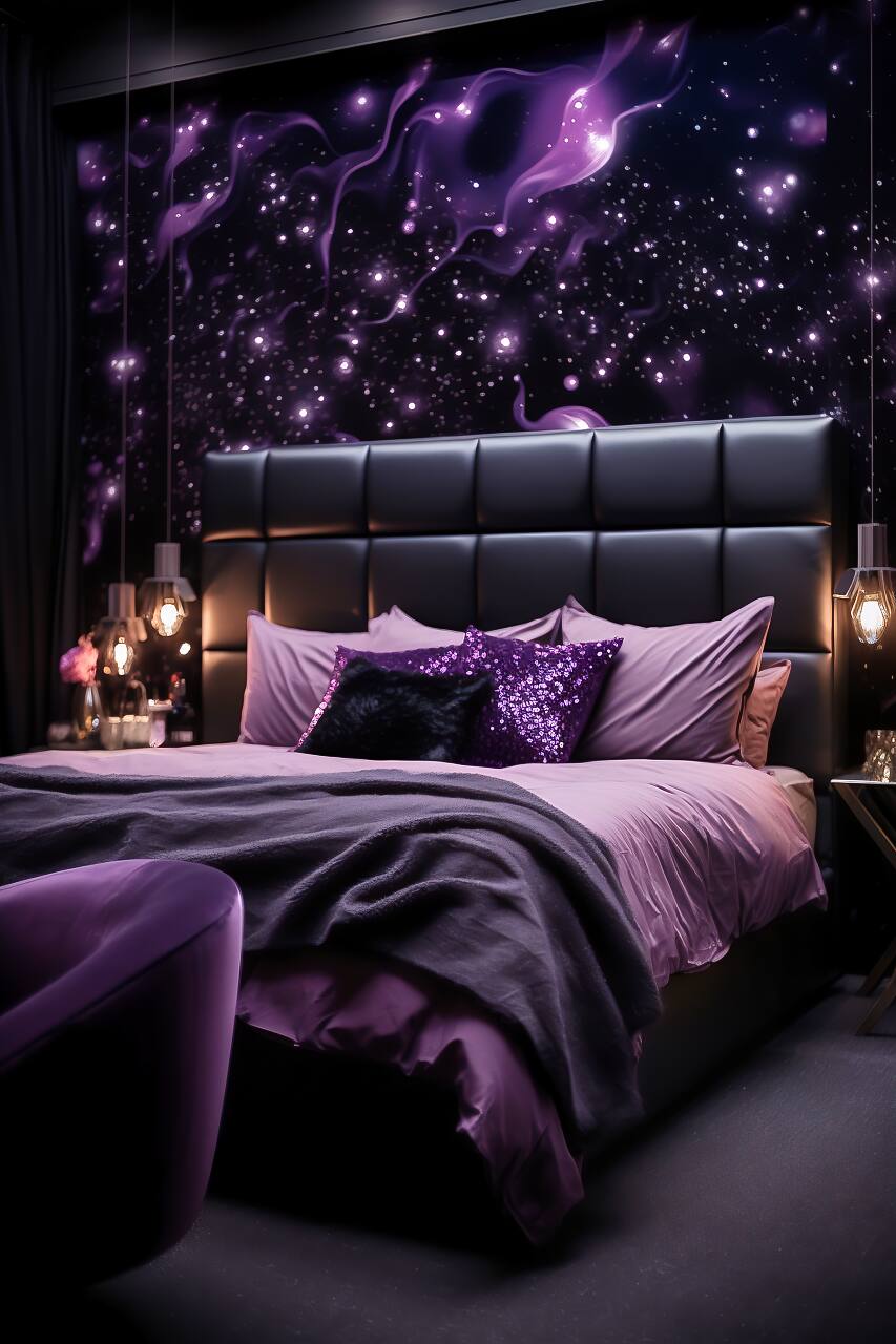 Luxurious Modern Bedroom In Deep Black And Cosmic Lavender, Featuring A Queen-Size Velvet Bed, Cosmic Lavender Wallpaper, And Led Strips.
