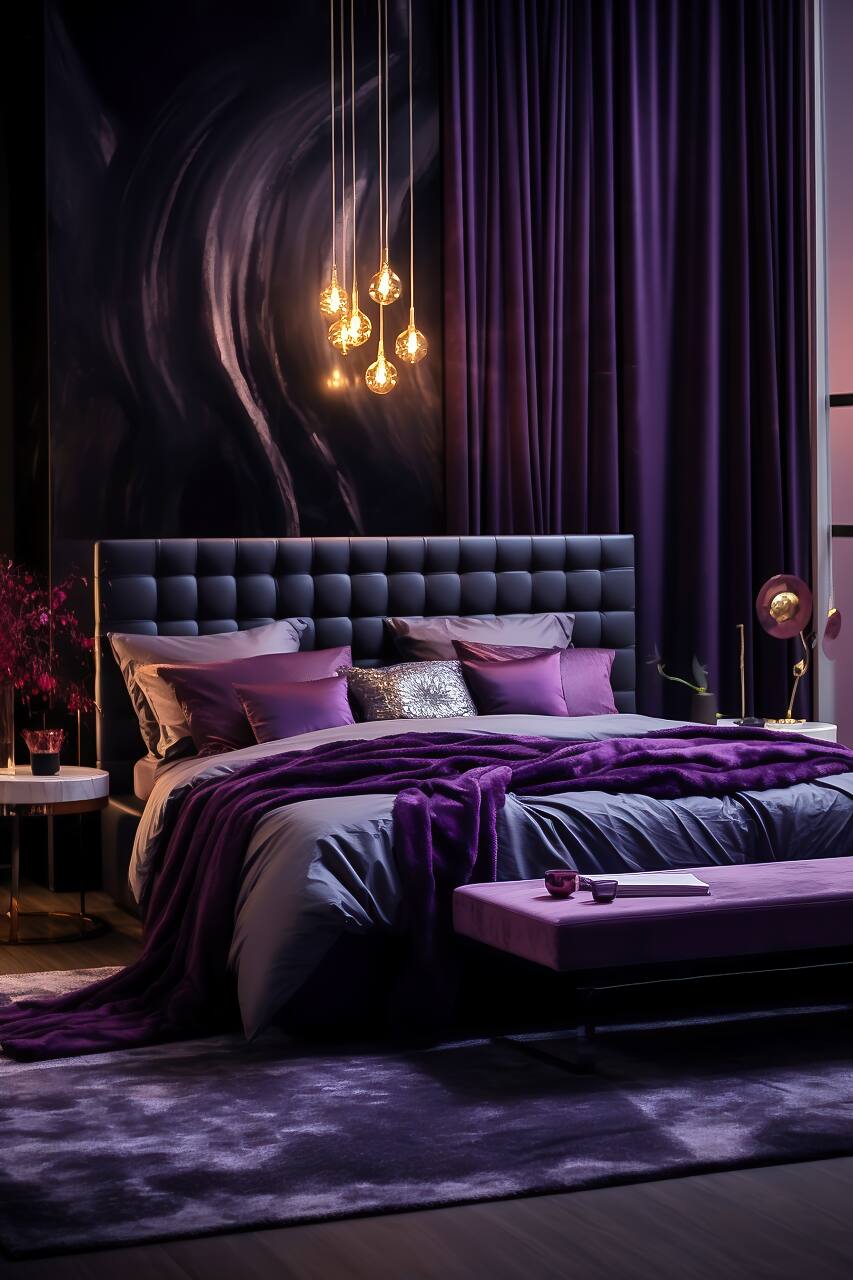 Luxurious Modern Bedroom In Deep Black And Rich Purple, Featuring A Queen-Size Bed With Satin Sheets, Purple Velvet Chair, And Sconce Lighting.