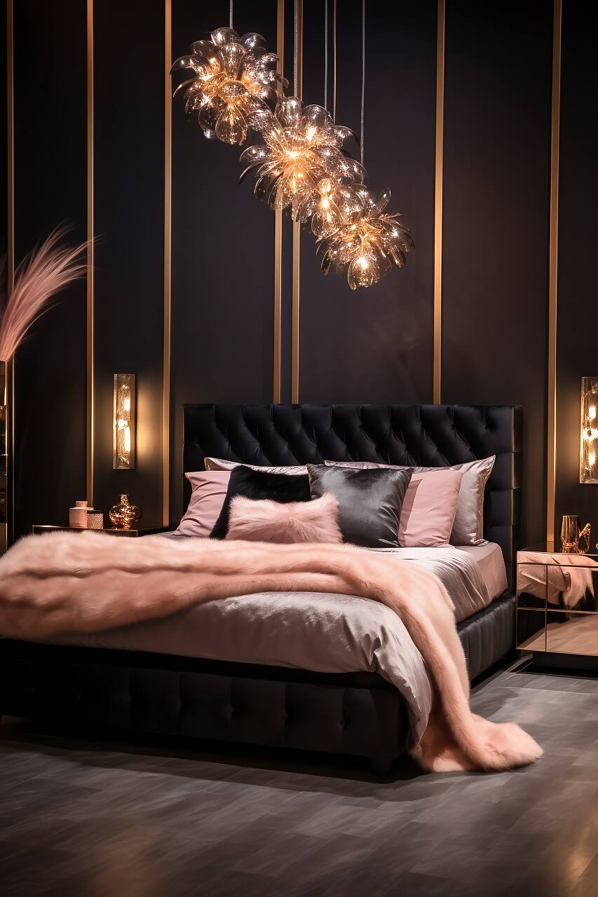 Luxurious Modern Bedroom In Deep Black And Lustrous Rose Gold, Featuring A Queen-Size Bed With A Tufted Headboard, Rose Gold Vanity, And Crystal Chandelier.