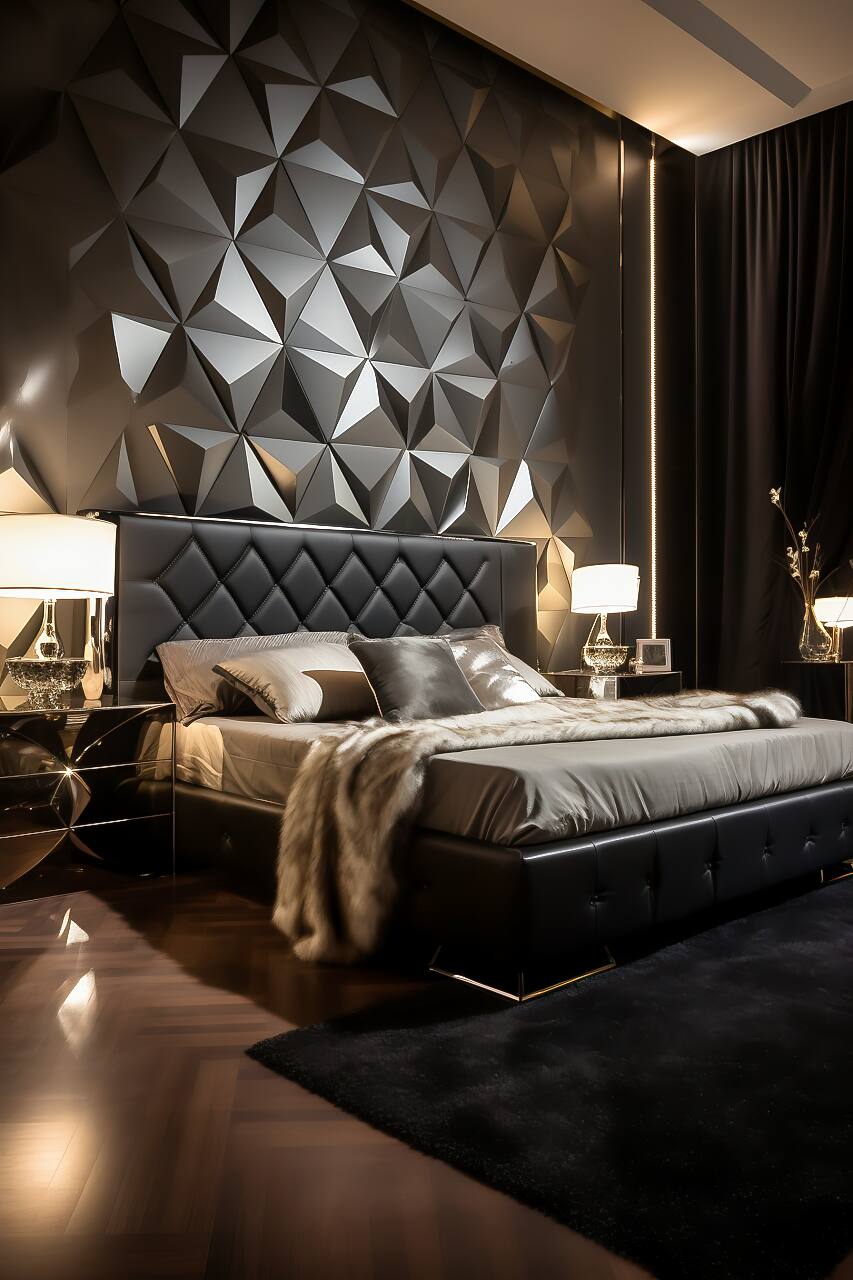 Luxurious Modern Bedroom In Deep Black And Lustrous Silver, Featuring A Queen-Size Bed With A Tufted Headboard, Silver Mirrored Dresser, And Led Strip Lighting.