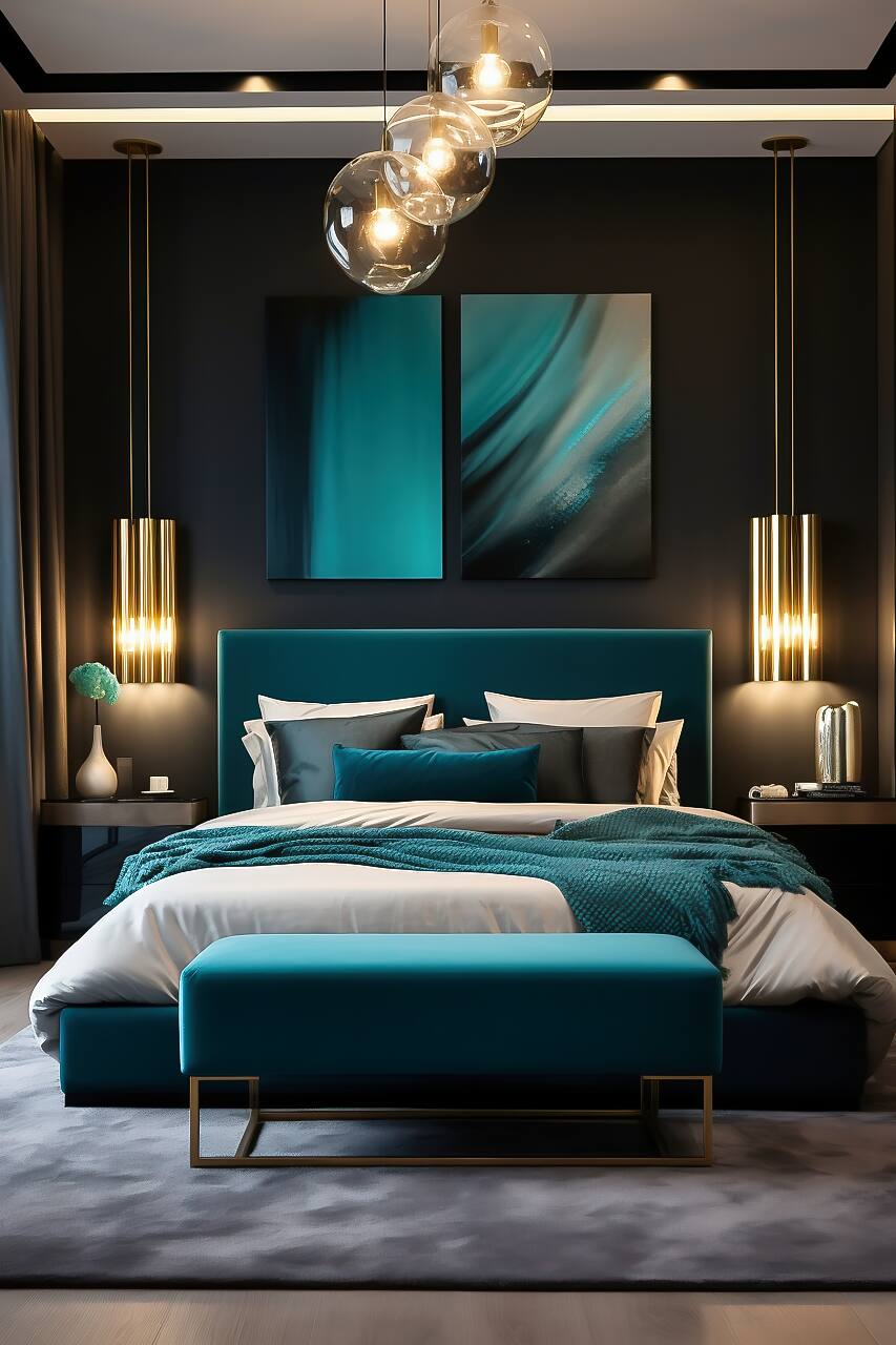 Luxurious Modern Bedroom In Ebony Black And Vivid Teal, Featuring A King-Size Bed With A Suede Finish, Teal Ottoman, And Floor Lamps.