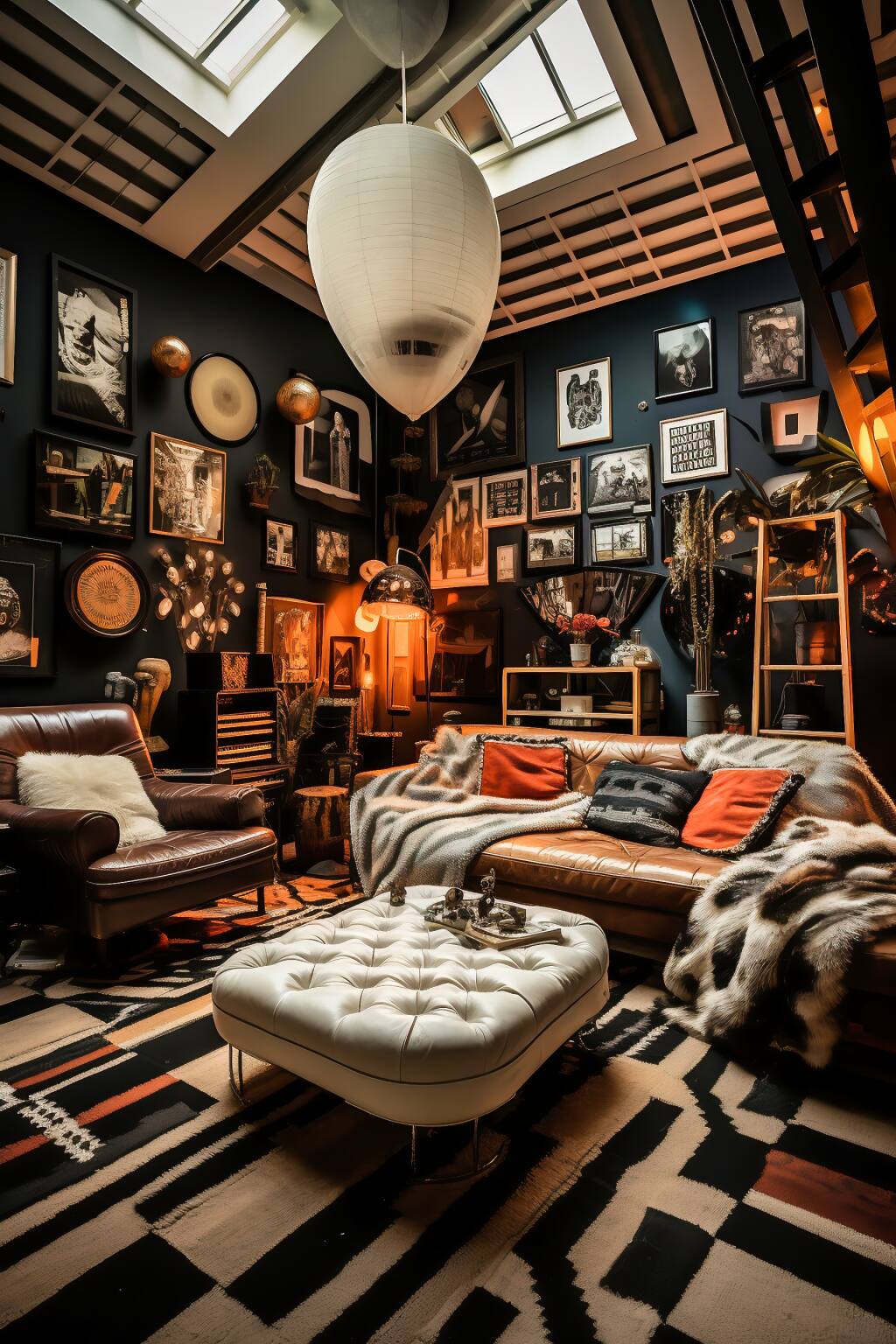 Creative Bohemian Living Room In Black And White, Featuring Leather Armchairs, A Gallery Wall, And Monochrome Rugs.