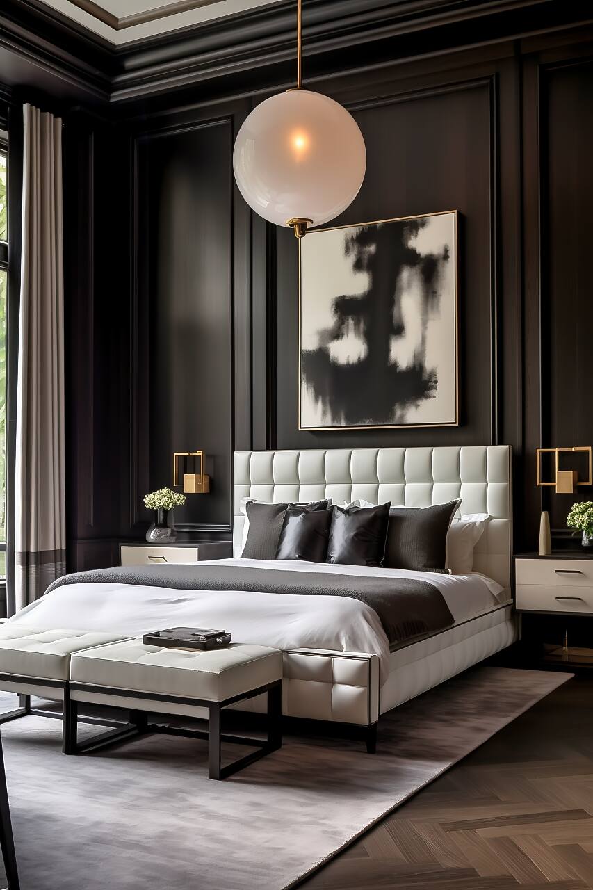 Luxurious Modern Bedroom In Deep Black And Crisp White, Featuring A King-Size Bed With An Oak Finish, White Marble Nightstand, And Pendant Lights.