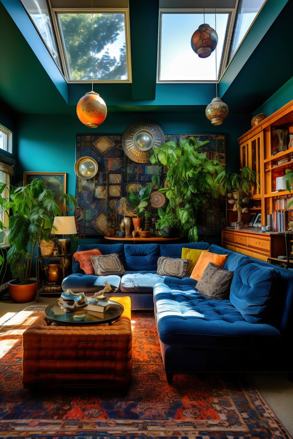 Bohemian Living Room In Blue And Green Shades, Featuring A Velvet Sofa, Vintage Coffee Table, And Hanging Plants.
