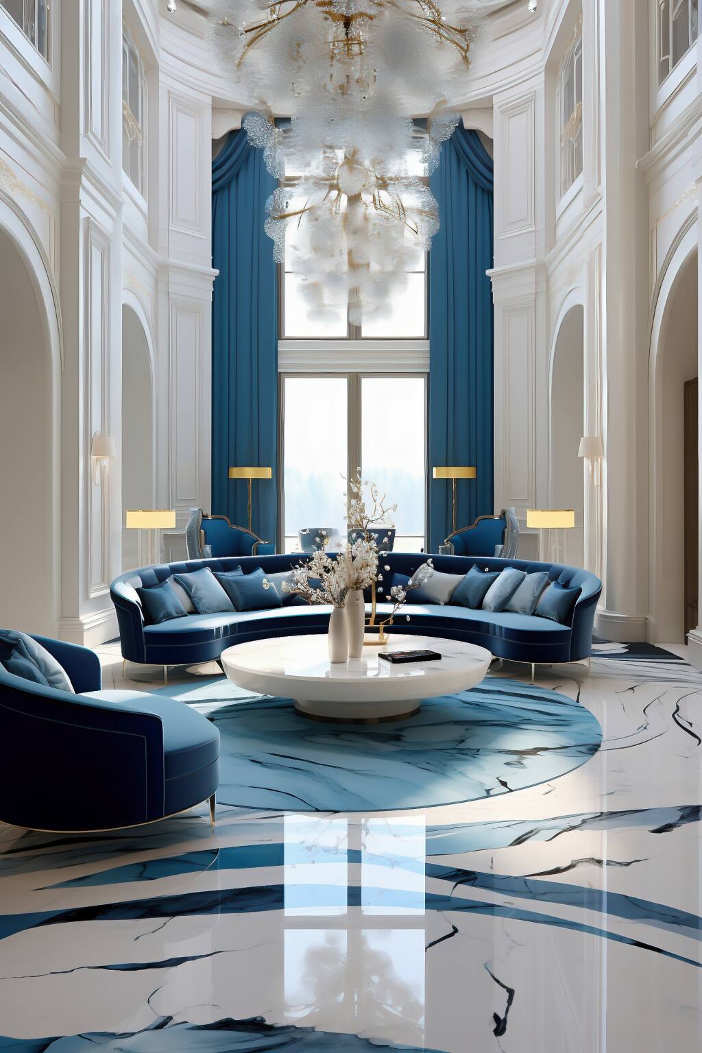 Luxurious Coastal Living Room With Navy Blue Velvet Sofas, White Circular Coffee Table, Gold-Framed Side Tables, And A Striking Marble Floor, Bathed In Natural Light For A Serene, Chic Atmosphere.