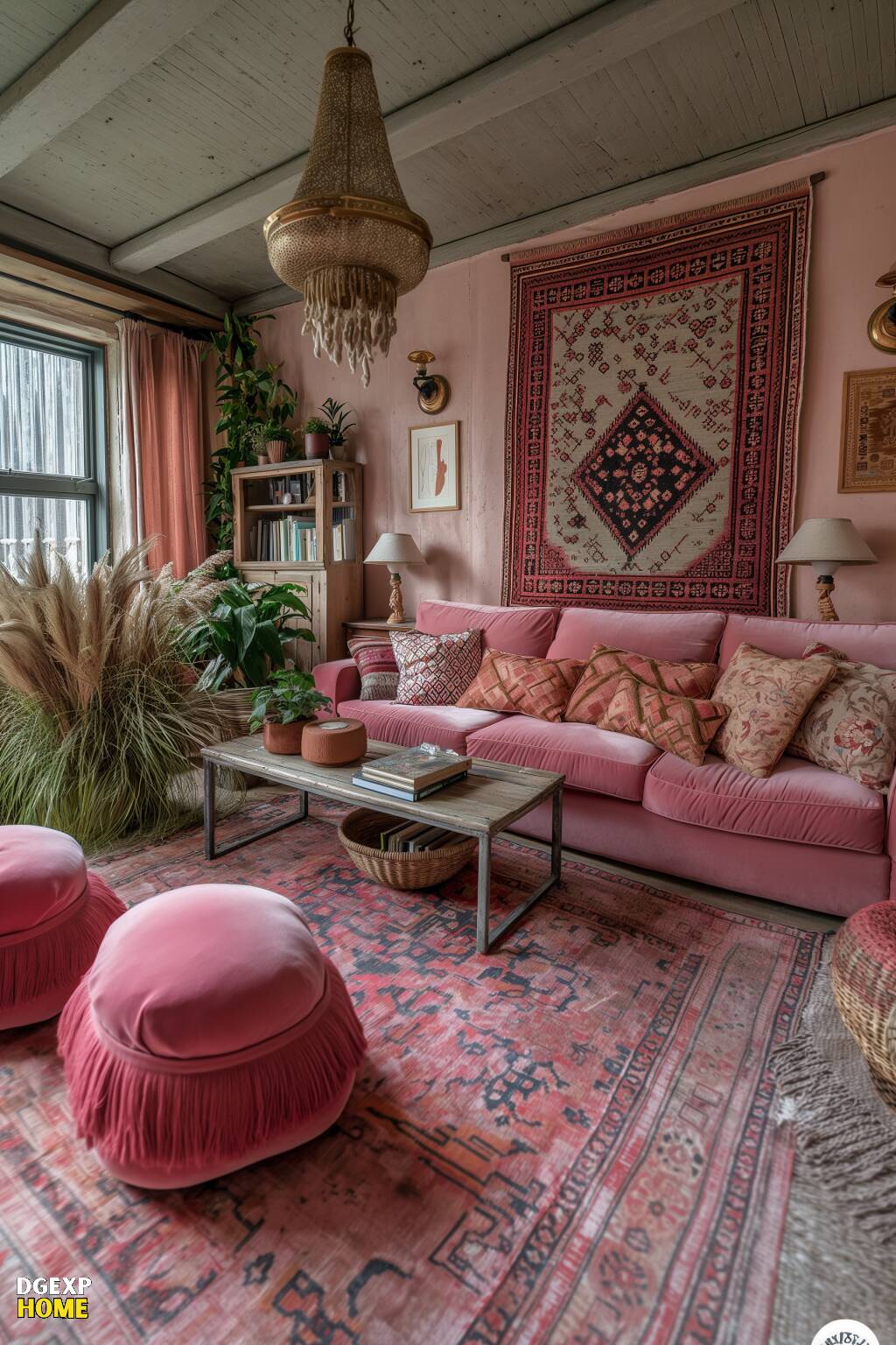 Rosa Boho-Wohnzimmer mit großem dekorativen Wandteppich, rosa Sofas, rustikalem Couchtisch und Zimmerpflanzen.