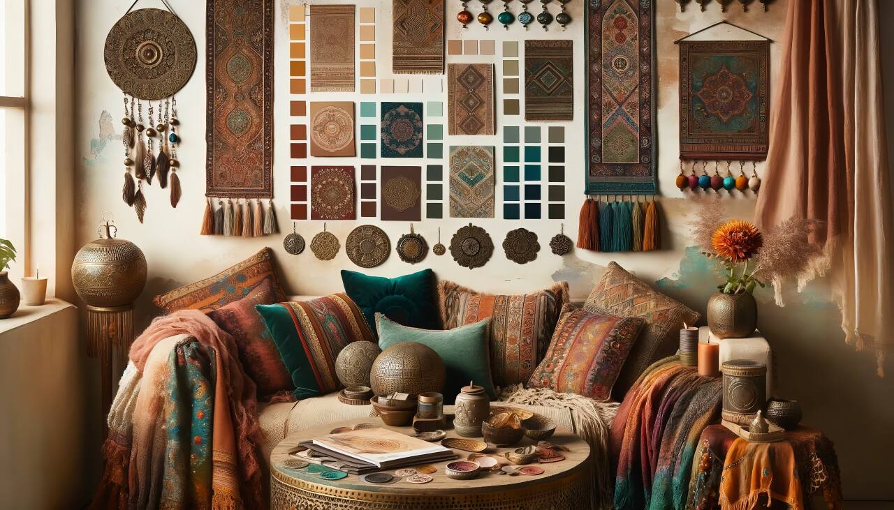Mood Board Of Bohemian Colors, Showcasing Jewel Tones, Earthy Shades, And Metallic Accents.