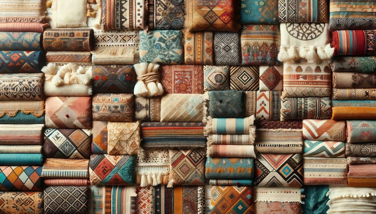 Close-Up Of Diverse Bohemian Fabrics And Patterns, Including Silk, Burlap, And Geometric Designs.
