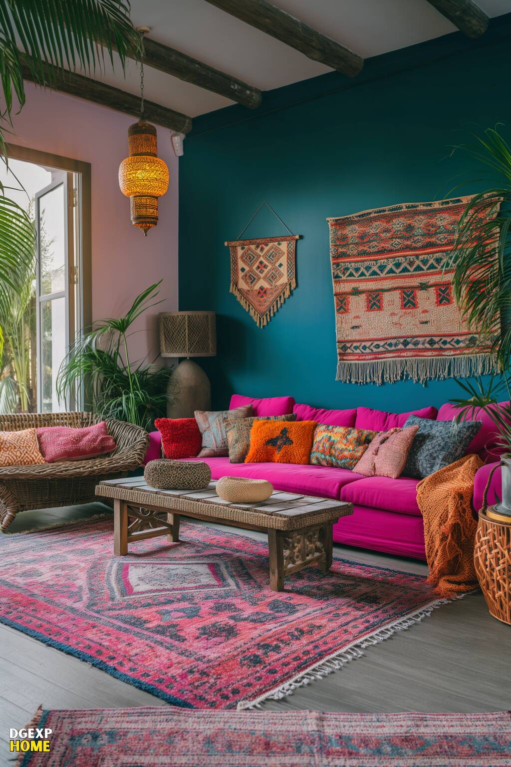 Buntes Boho-Chic-Wohnzimmer mit pinker Couch, türkisfarbenen Wänden, ethnischen Wandbehängen und einer Vielzahl von Kissen