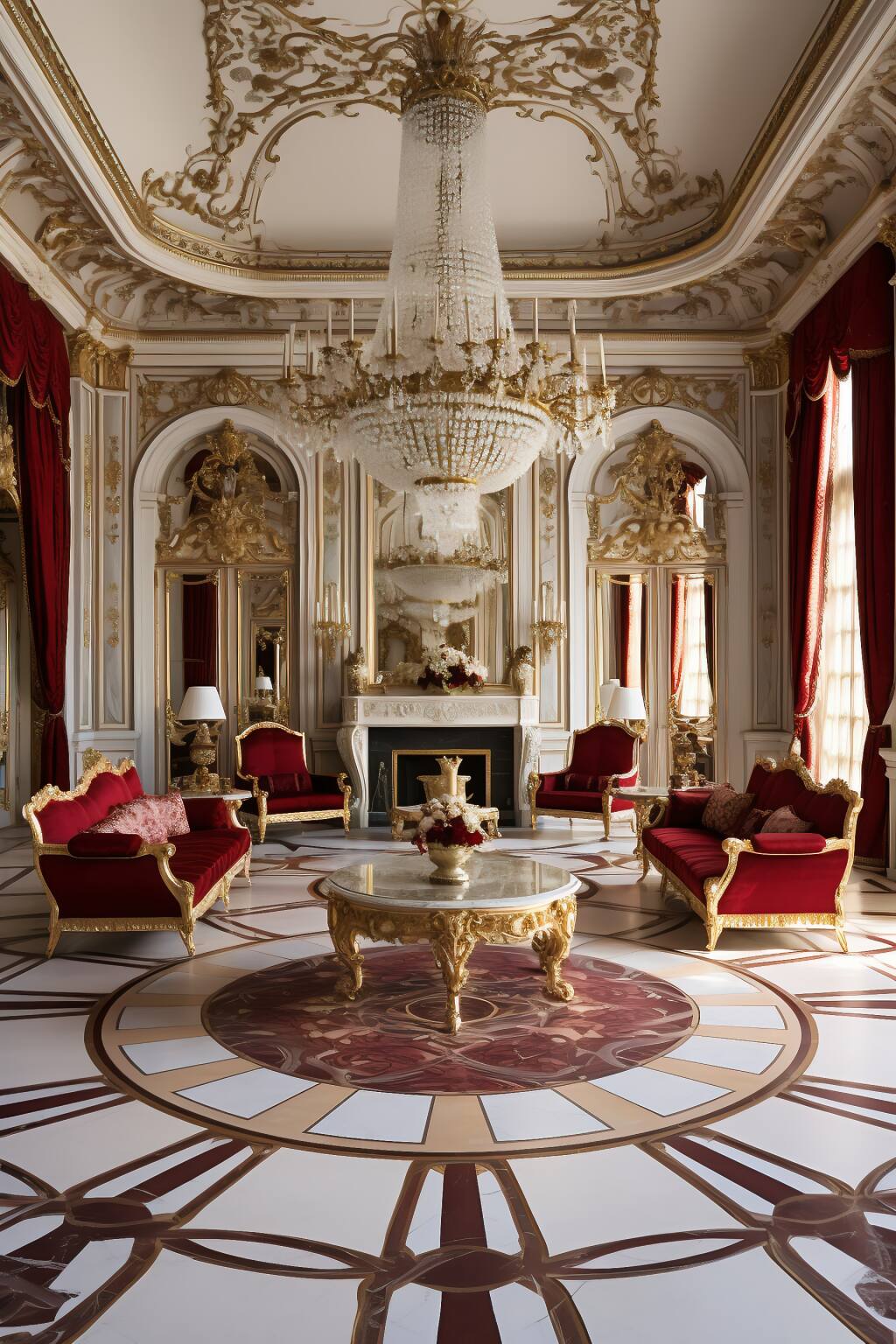 A Regal Living Room Adorned In Burgundy And Gold, With Luxurious Velvet Seating And A Lustrous Marble Floor That Exudes Opulence.