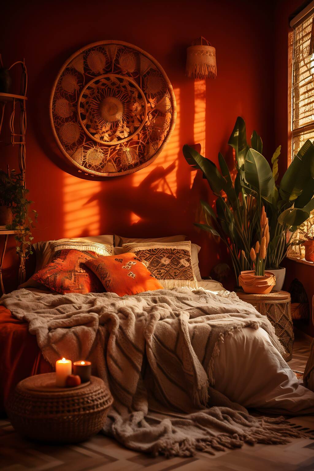 Large Dark Boho Bedroom With An Orange &Amp; Beige Color Scheme, Featuring Cactus Decor, Woven Baskets, And Desert Artwork, Creating A Relaxing And Warm Atmosphere.