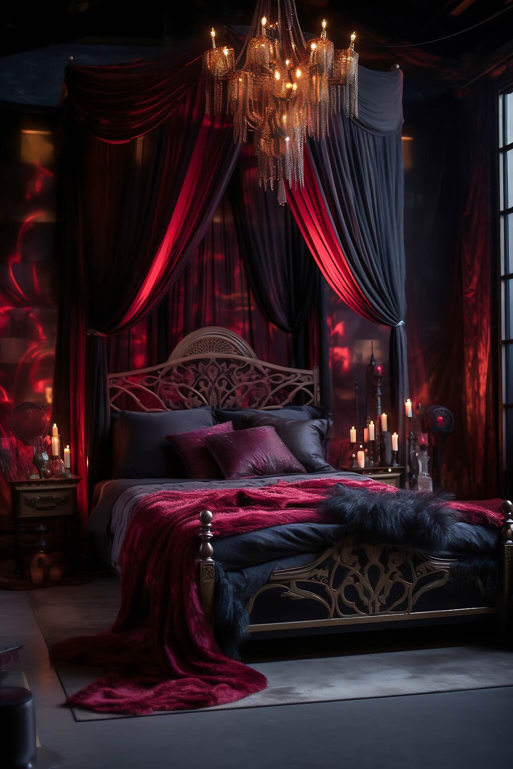 Large Dark Boho Bedroom With A Black &Amp; Red Color Scheme, Featuring Shadow Art, Velvet Drapes, And Gothic Chandelier, Creating An Intense And Mysterious Atmosphere.