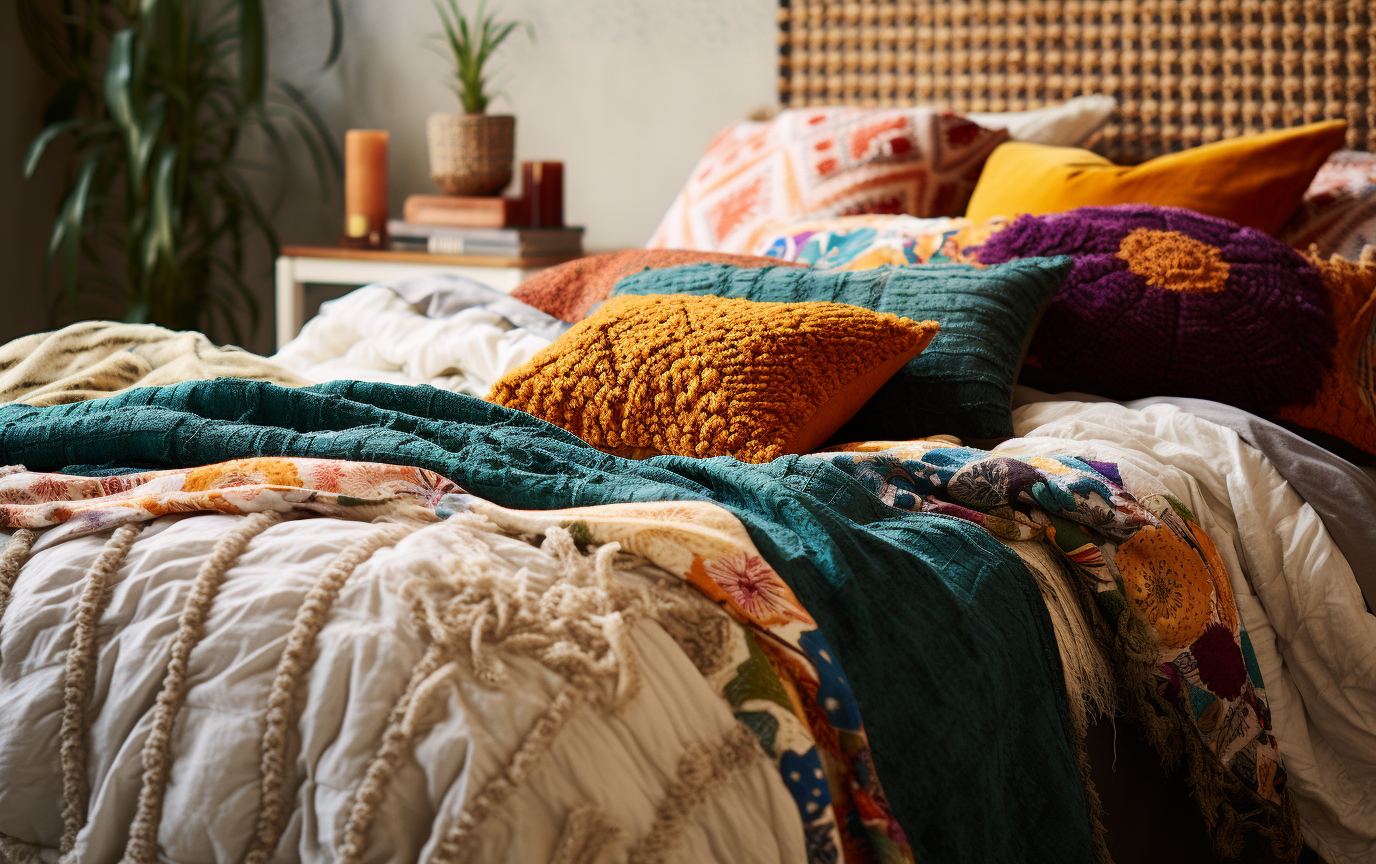 Close-Up Of Patchwork Quilt And Textured Throw Pillows On A Boho Bed.