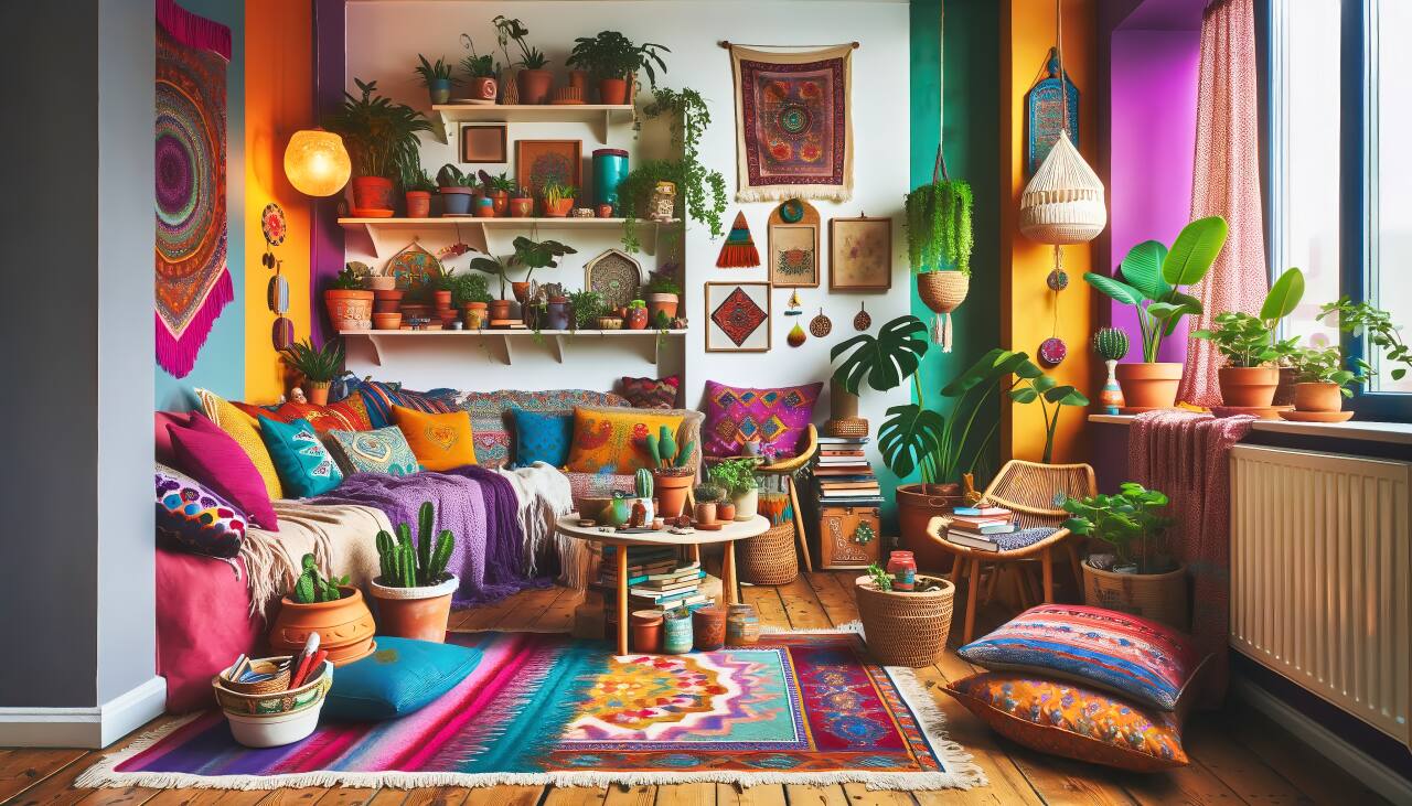 A Bohemian Living Room With Distinct Areas For Reading, Relaxation, And Socializing, Rich In Color And Decor.